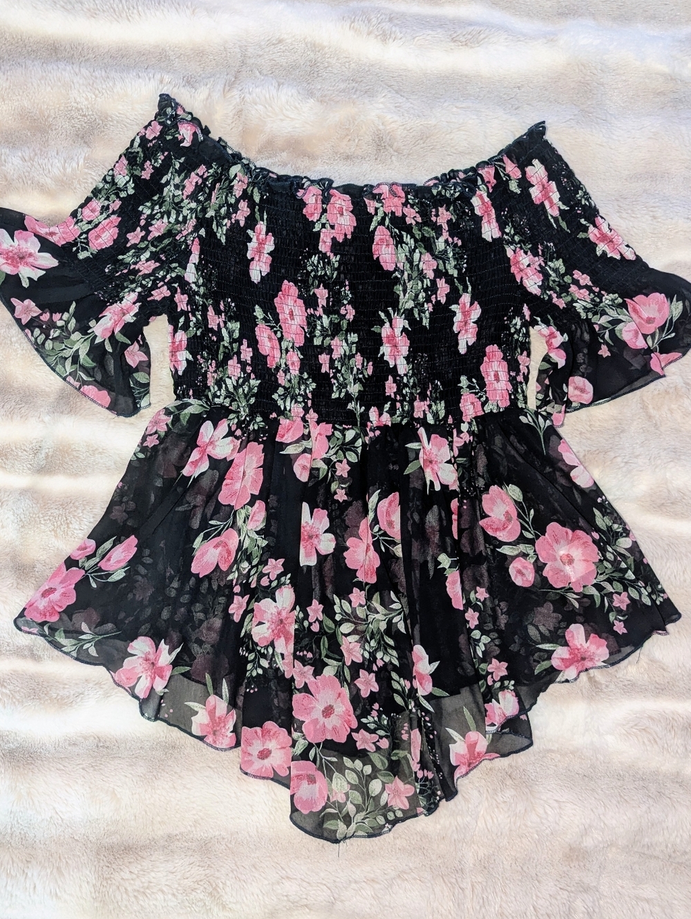 SHEIN Curve 2XL Black Floral Off Shoulder Smocked Blouse Peplum Top Boho